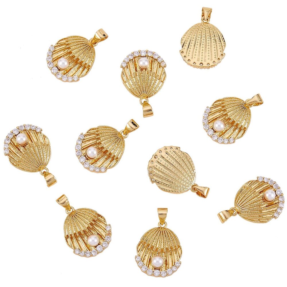 7040 10 Pcs Shell Charms Brass Clear Cubic Zirconia Pendants Shell Brass